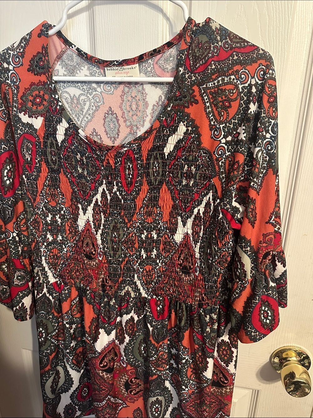 Bobbie Brooks Orange Paisley Smocked Scoop-Neck Tunic Size 1x